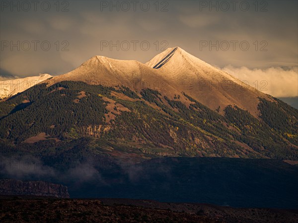 Snow-capped peaks of the La Sal Mountains range in autumn