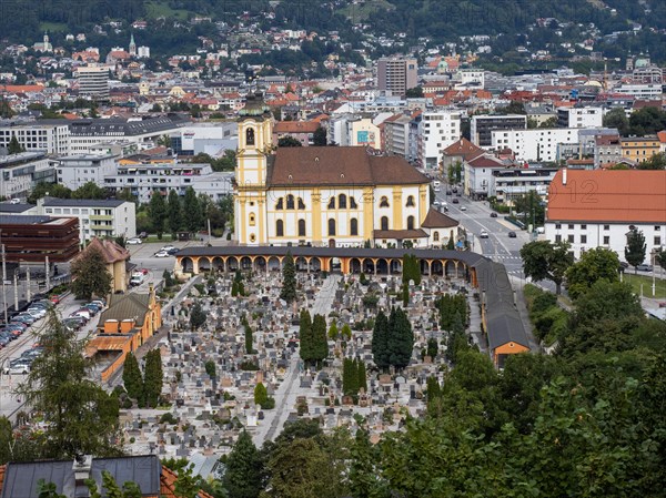 View of the Wilten Basilica from Mount Isel