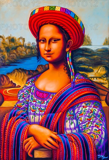 Painting Maya-Mona Lisa with typical headdress of the Tzutuhil woman