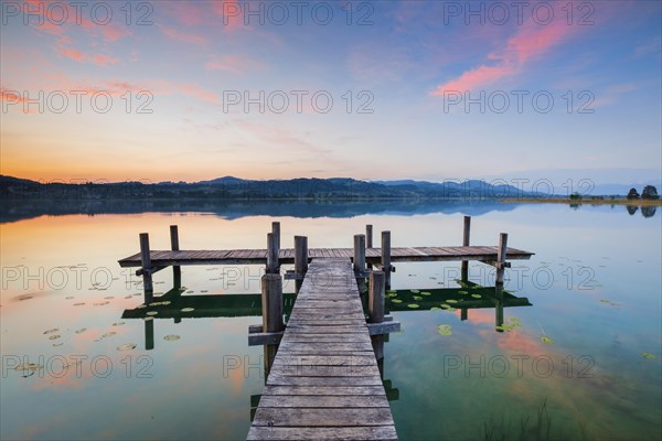 Wooden footbridge on Lake Pfaeffikon at sunrise