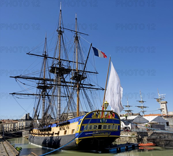 Replica of French frigate l'Hermione in her dock at the Arsenal of Rochefort