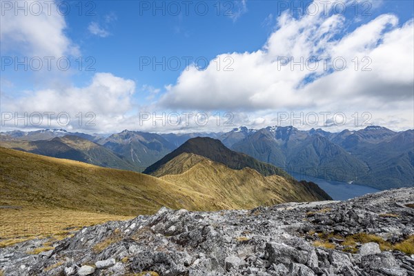 View of mountain peaks of Murchison Mountains and Kepler Mountains and Lake Te Anau