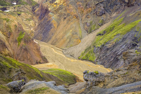 View from Brennisteinsalda into a colourful river valley