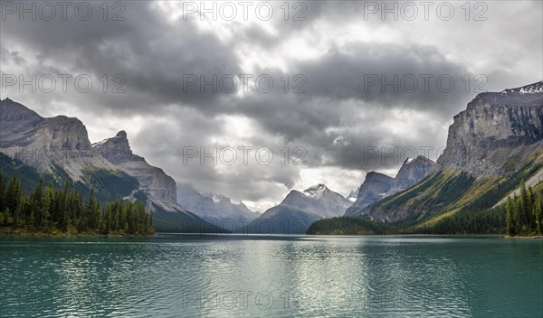 Turquoise blue glacial lake Maligne Lake