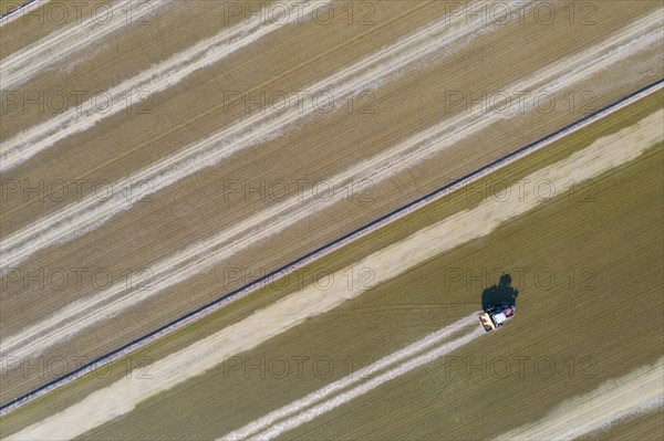 Tractor sowing rice seeds in a flooded rice field in May