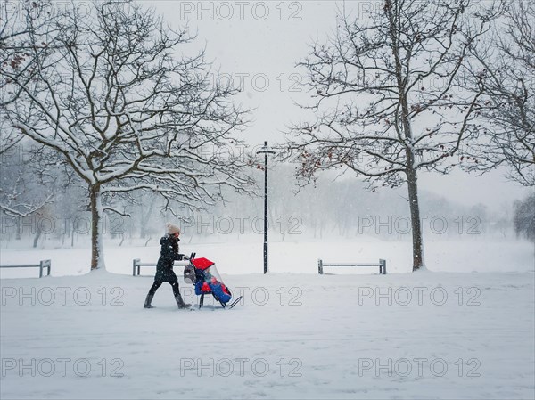 Snowy winter scene with a mom walking in the park with her baby on pram type sledge. Street photography seasonal scene