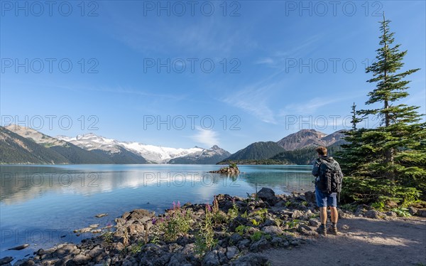 Hikers on the shore of Garibaldi Lake