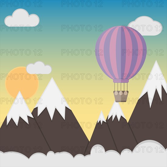 Purple hot air balloon flying over the mountains. Flat design