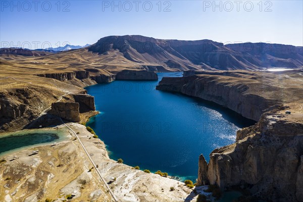 Aerial of the deep blue lakes of the Unesco National Park