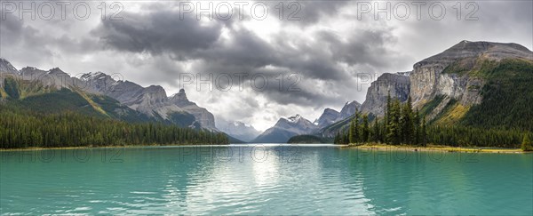 Turquoise blue glacial lake Maligne Lake