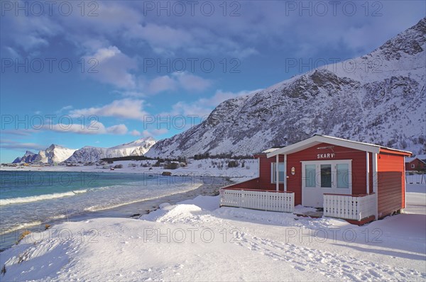 Red cottage in winter landscape