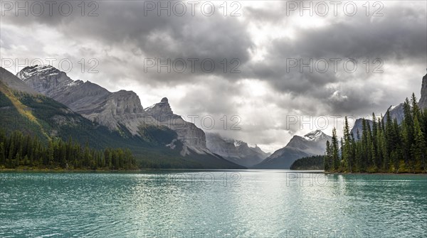 Turquoise blue glacial lake Maligne Lake