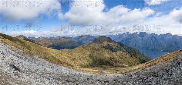 View of mountain peaks of Murchison Mountains and Kepler Mountains and Lake Te Anau