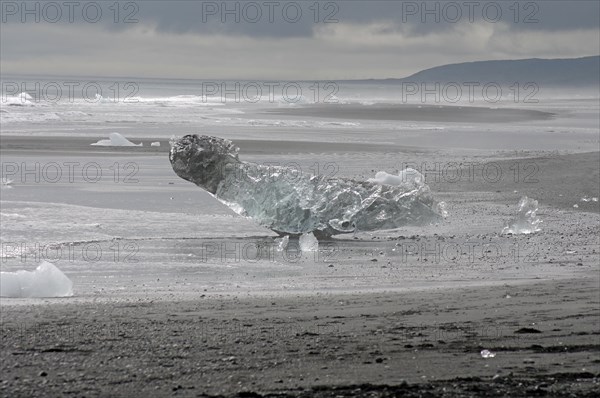 Piece of ice lies on black sand beach