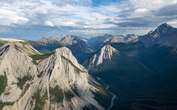 Mountain landscape with river valley and peaks