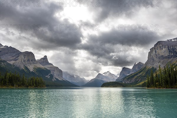 Turquoise blue glacial lake Maligne Lake