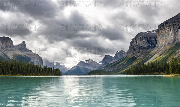 Turquoise blue glacial lake Maligne Lake