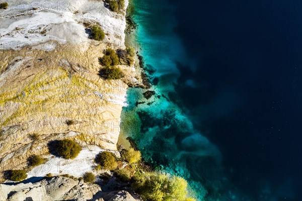 Aerial of the deep blue lakes of the Unesco National Park