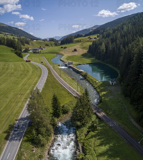 Railway line and road along the Landwasser river