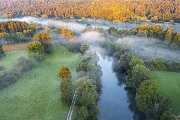 Clouds of fog over the Loisach River near Eurasburg