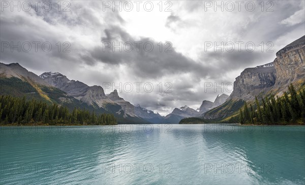 Turquoise blue glacial lake Maligne Lake