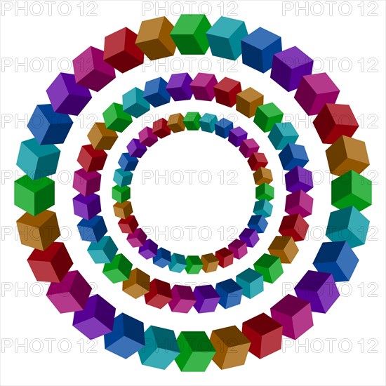 Circles constructed of a lot of colorful vector blocks. Isometric cubes for impossible 3d designing. Mathematical object with mental trick. Penrose optical illusion of brain