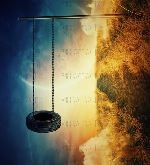 Suspended tire swing bound with a chain to a metallic pillar on a planet with different gravitation. Breaking the physical laws in the distant cosmos. Adventure and freedom on the space horizon