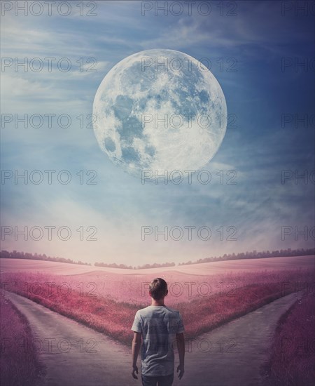 Surreal purple world with a person following the full moon