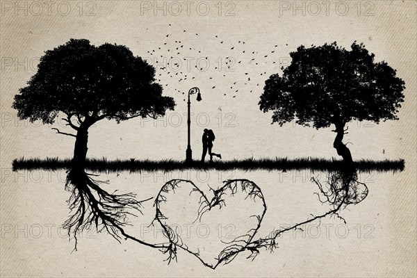 Two trees in front of each other with underground roots growing together in shape of a heart and a couple hugging in the middle. Relationship love and togetherness concept