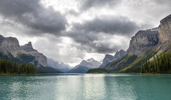 Turquoise blue glacial lake Maligne Lake