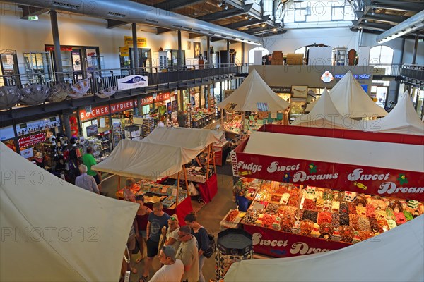 Sales stalls in the old buoy hall in the harbour of List