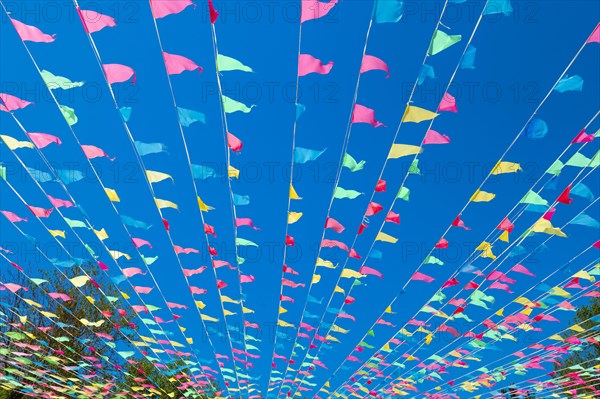 Colourful flags against the sky