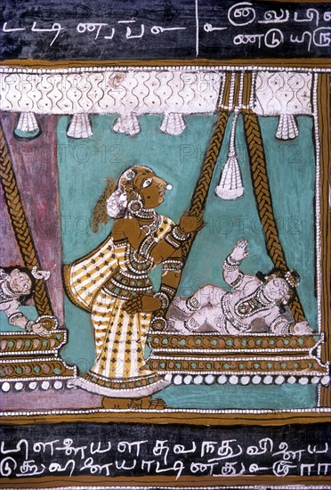 400 years old Ramayana old baby Rama in cradle painting at Alagar koyil near Madurai