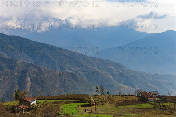 Himalayan Mountains seen from the mountain village of Dhampus