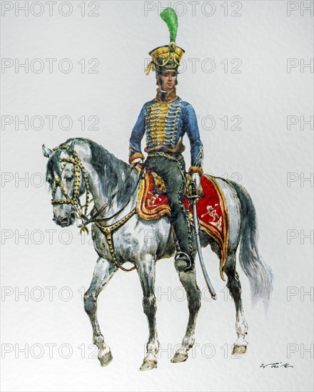 Austrian Cavalry Officer on Horseback in Hungarian Campaign Uniform from 1837