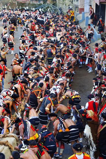 Naga tribesmen participating in the stone-pulling ceremony during the Kisima Nagaland Hornbill Festival