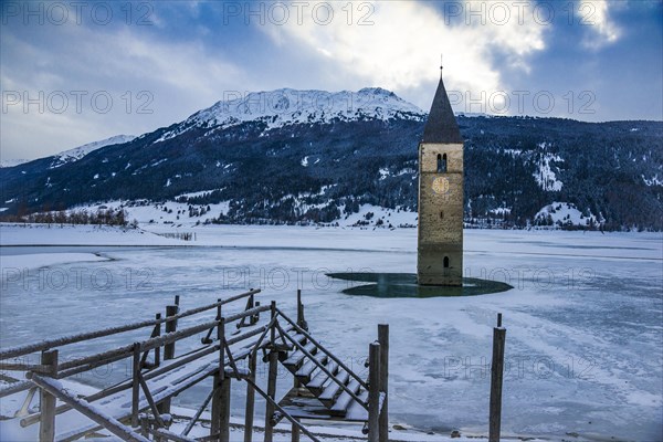 Church tower in Lake Reschen