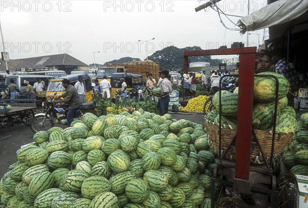 Watermelon for sale at Koyambedu whole sale vegetable and fruit market is one of Asia's largest perishable goods market complex located in Chennai Madras