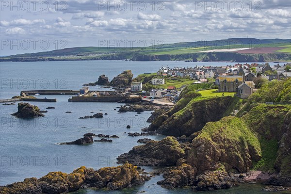 The fishing village of St Abbs seen from the south side of St Abb's Head