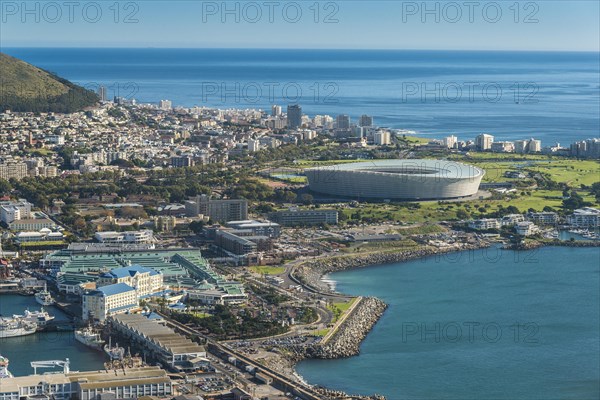 Aerial view with the harbour and the Green Point Stadium