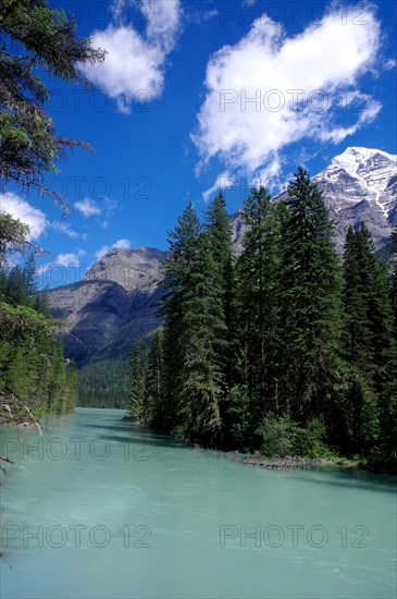 Glacial river with high mountains in the background