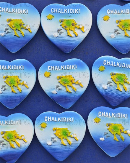 Souvenir fridge magnets on a street stall. Chalkidiki