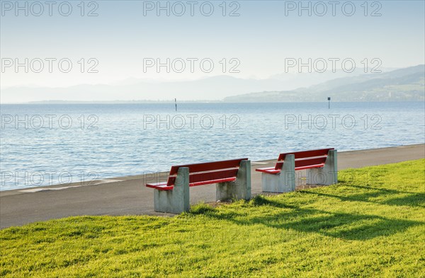 Two benches on the shore of Lake Constance near Arbon in Thurgau