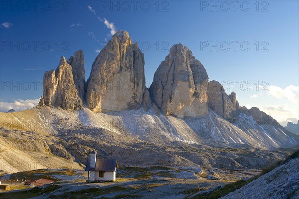 Chapel of the Three Peaks Hut in front of the north walls of the Three Peaks