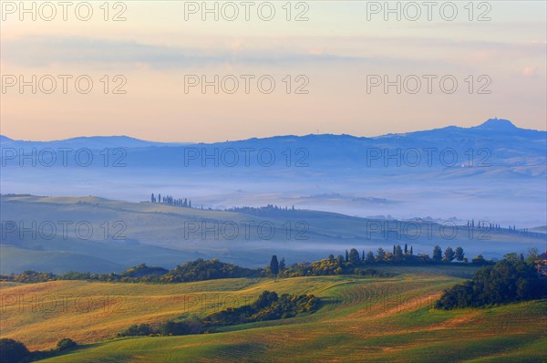 Val d'Orcia. Orcia valley at dawn. Morning mist. UNESCO World Heritage Site. San Quirico d'Orcia. Province of Siena. Tuscany. Landscape in Tuscany. Italy