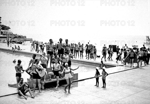 Musician in swimming pool