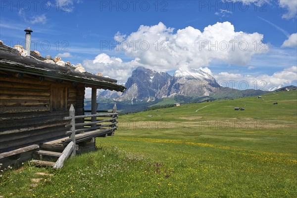 Alpine huts on the Alpe di Siusi with Sassolungo and Sassolungo