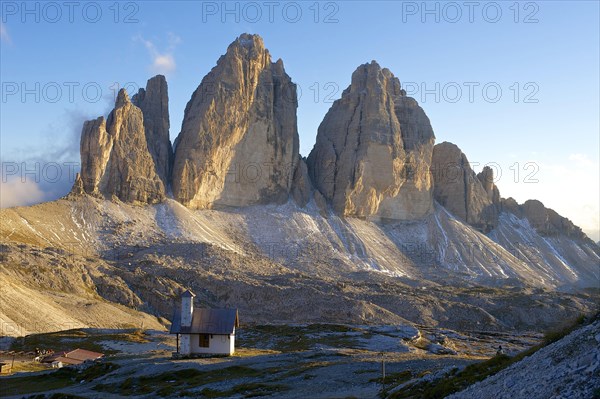 Chapel of the Three Peaks Hut in front of the north walls of the Three Peaks