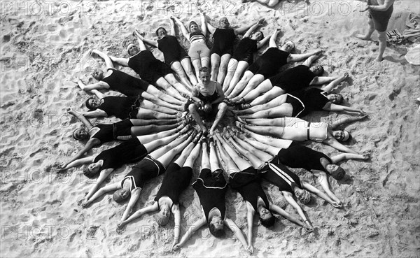 Group with bathers on the beach