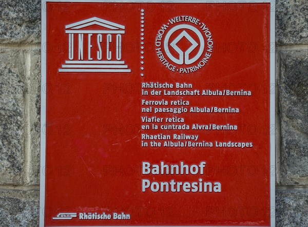 Unesco sign Pontresina railway station